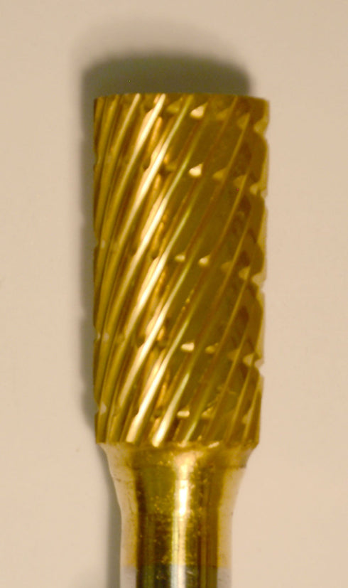 3/8" Cylinder (E3/8) TNT-Coated Dual Cut Regular Carbide Bur w/ 1/4" Shank E3/8-GOLD